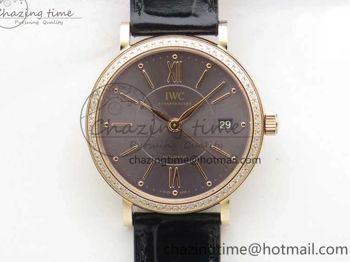 MIROTIME 1228 Durable Portofino 37mm RG V7F 1:1 Best Edition Gray Dial Diamonds Bezel on Black Leather Strap A 7089